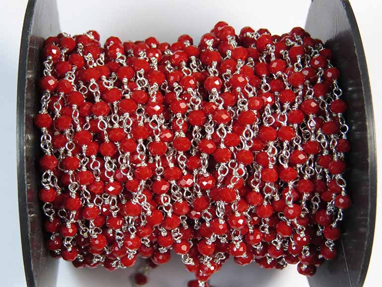 Coral Red Crystal 3 MM Wire Wrapped Rosary Style Chain